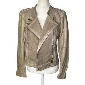 Blanc Noir Women’s Denim  Jacket Size Medium Khaki Faux leather Sleeves